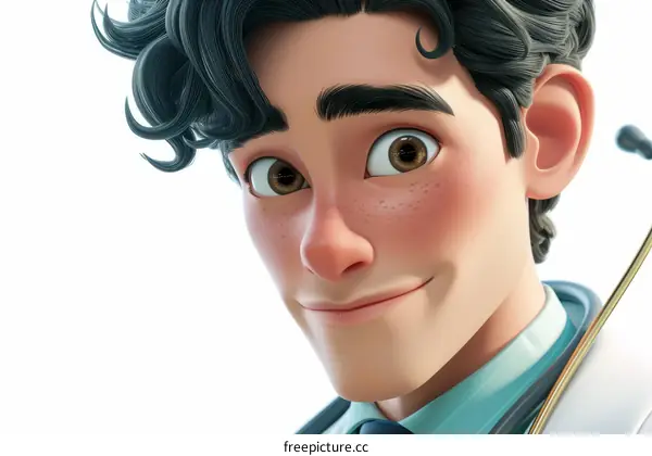 Illustration of a young male doctor with brown hair and green eyes wearing a white coat and stethoscope