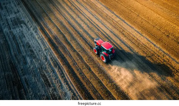 Red tractor working in a golden field
