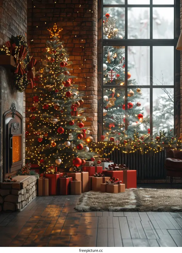 A Festively Decorated Christmas Tree Next to a Cozy Fireplace