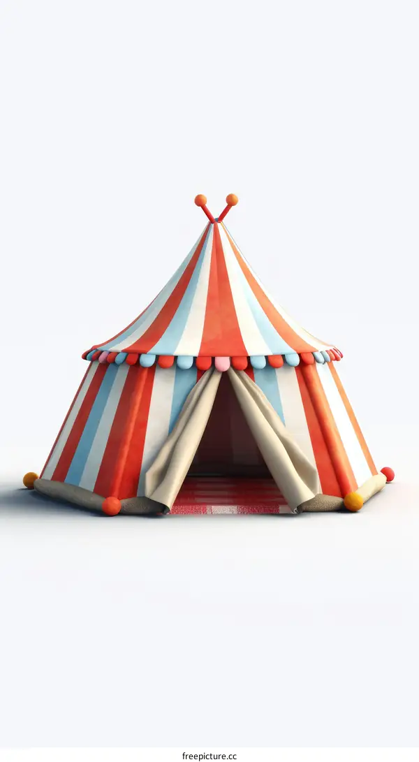 3D rendering of a red and white striped circus tent with a blue curtain