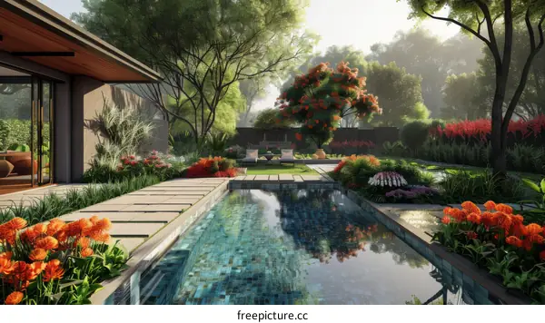 Swimming Pool at Luxurious Villa with Lush Greenery