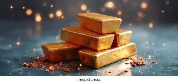 Golden Ingots Stacked on a Dark Background