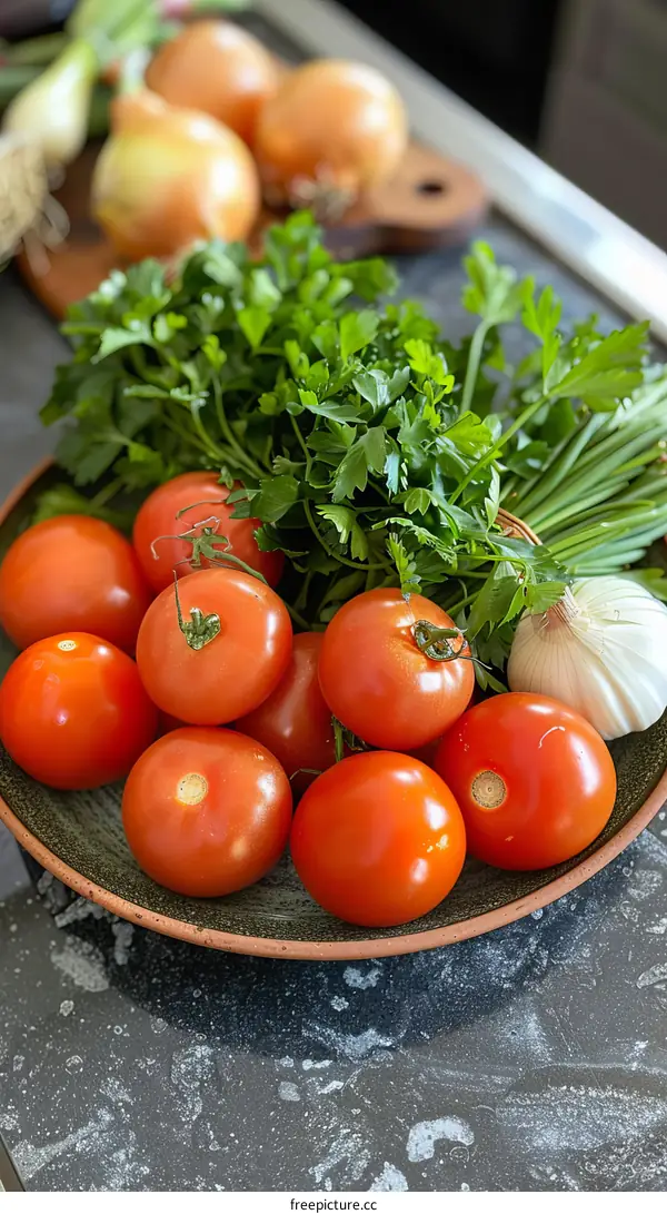 Fresh Vegetables and Herbs on a Kitchen Countertop