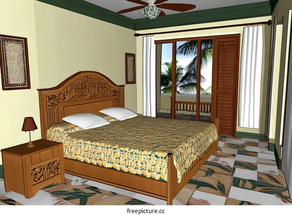 Bedroom Interior Design With Wooden Bed and Palm Tree View