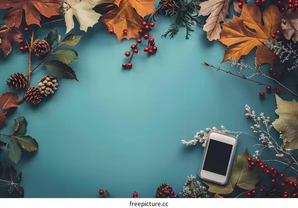 Autumn Leaves and Phone on Teal Background