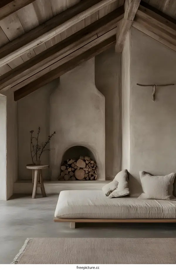 Minimalist Living Room with Fireplace and Wooden Beams