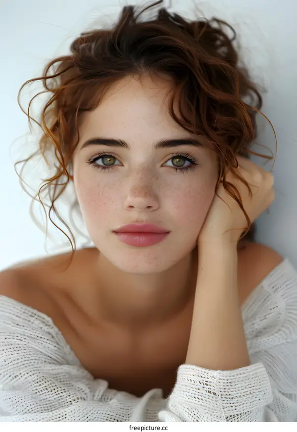 Portrait of a Beautiful Young Woman with Red Hair and Freckles