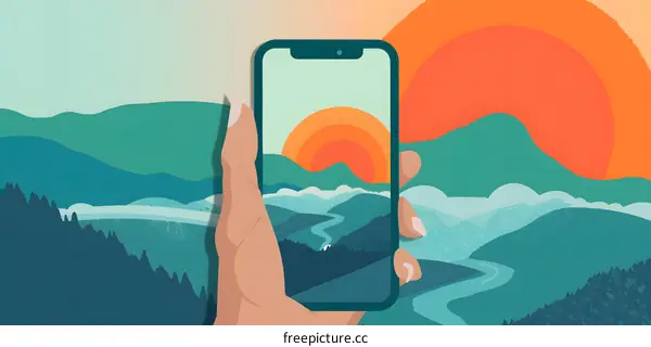 Hand Holding Smartphone With Mountains And Sunset Illustration