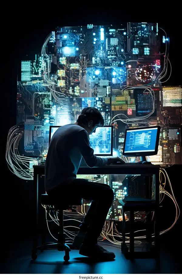 A person works at a computer in a room with a circuit board background