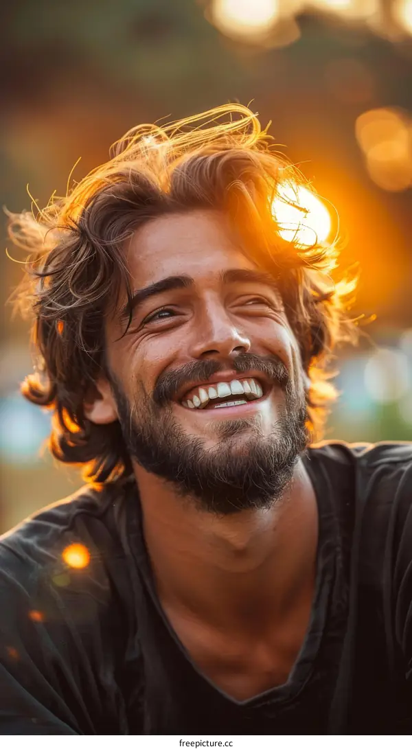 Happy Man with Curly Hair Outdoor Portrait