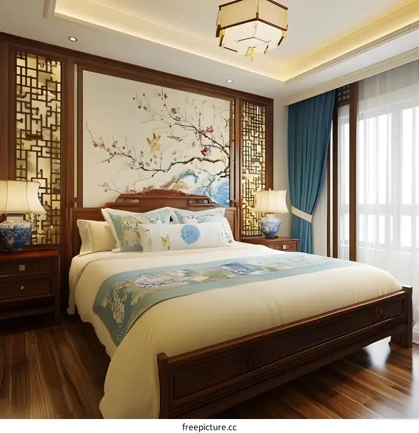 Traditional Chinese Bedroom Interior Design with Floral Wallpaper