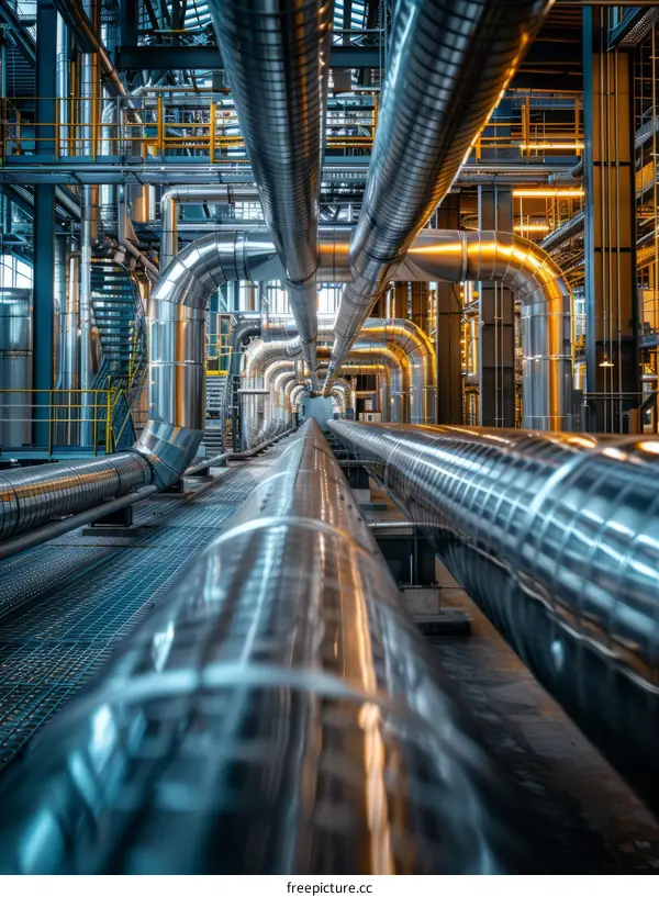 The innards of a power plant with a focus on the pipes
