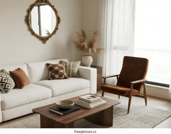Modern Living Room with White Sofa and Brown Accent Chair