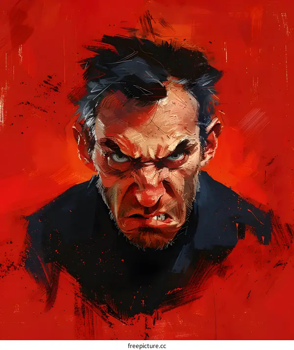 A digital painting of a mans face. The man has a beard and a scowl on his face. He is wearing a dark shirt.