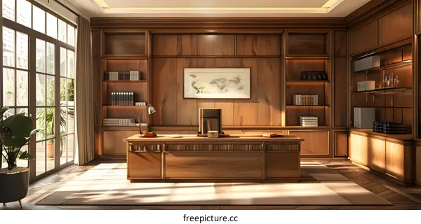 Luxury home office interior with wooden wall paneling and large windows