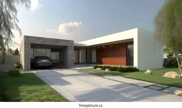 Modern House with Stone Facade and Garage