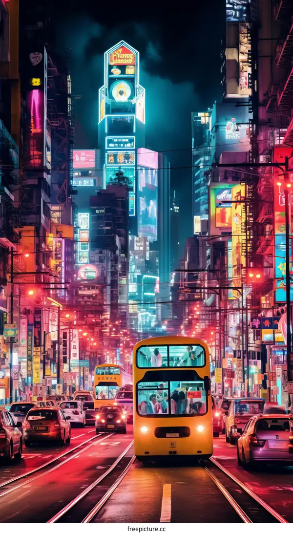 A neon-lit street in Hong Kong with a double-decker bus and cars