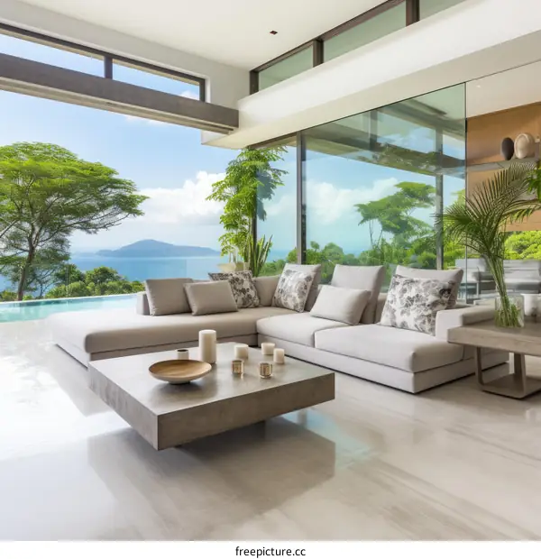 Modern luxury villa living room with infinity pool and ocean view