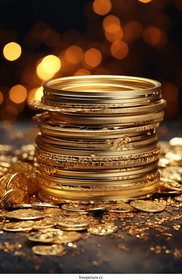 Stack of gold bangles and scattered gold coins