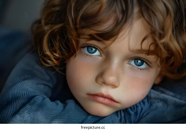 Portrait of a boy with curly red hair and blue eyes