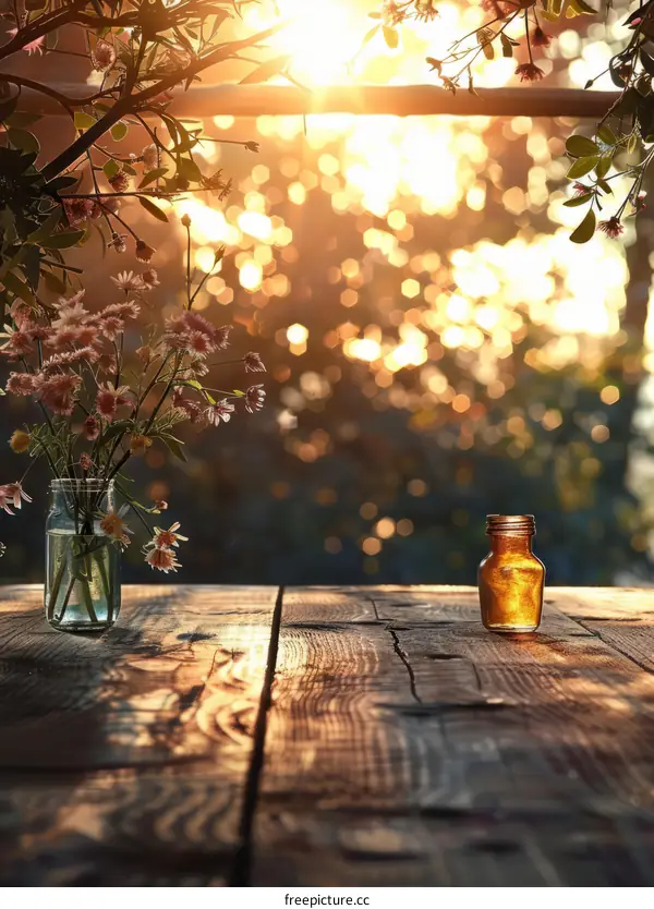 Vase with wildflowers and bottle on wood table