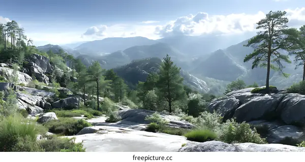 Mountain View Landscape with Trees and Rocks