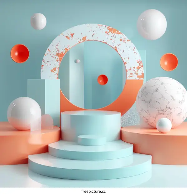 3D rendering of a blue and orange abstract geometric podium with balls