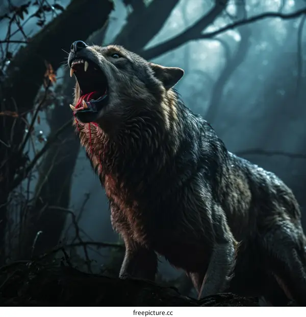 Lone Wolf Howling in the Dark Forest