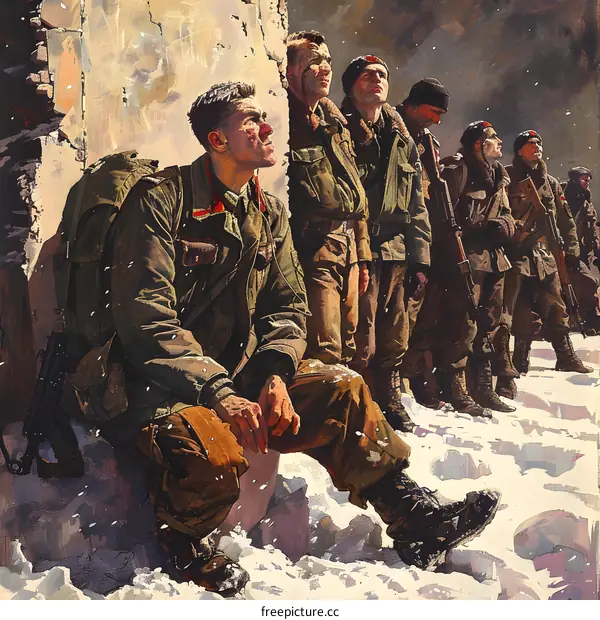 A group of soldiers in winter gear are taking a break during a battle.
