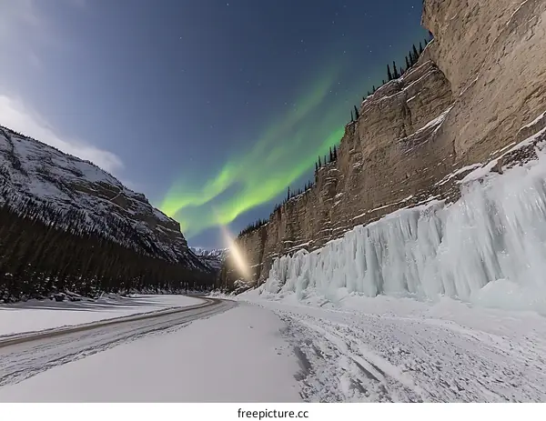 Night Sky With Aurora Borealis And Mountains In Winter