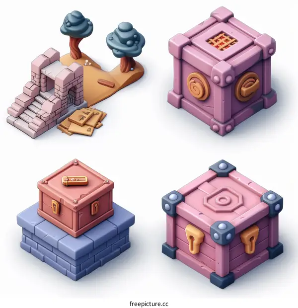 A variety of treasure chests and stone structures