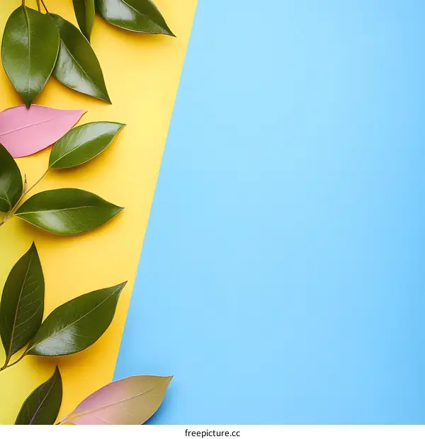 Green Leaves on Yellow and Blue Background