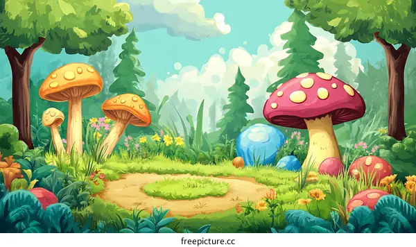 Cartoon Illustration Of Fantasy Forest With Mushrooms And Colorful Eggs