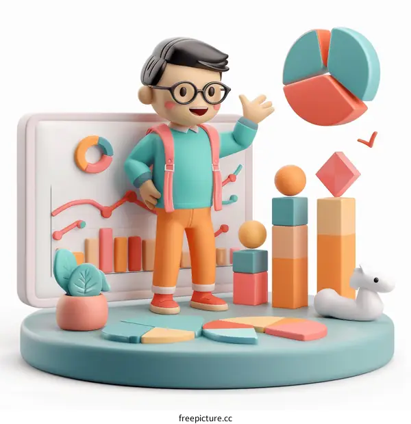 A boy standing in front of a screen with graphs and charts