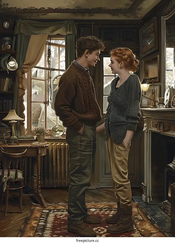 Romantic Couple Standing in a Vintage Room Interior Illustration