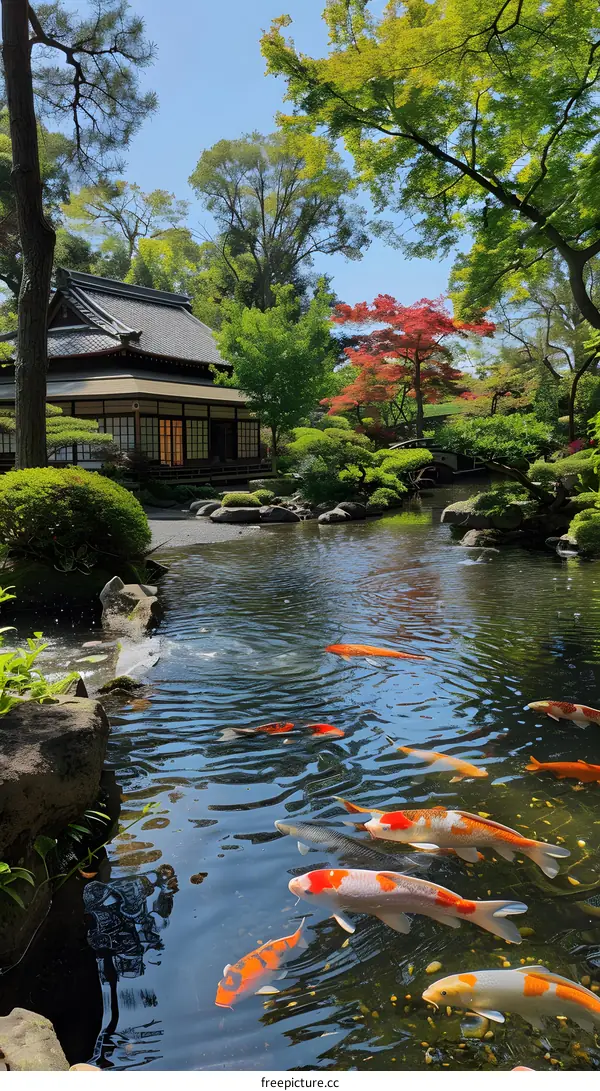 Japanese garden with a pond full of锦鲤.