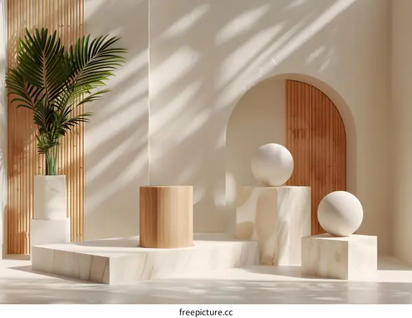 The interplay of simple geometric shapes and natural light and shadow in an artistic space