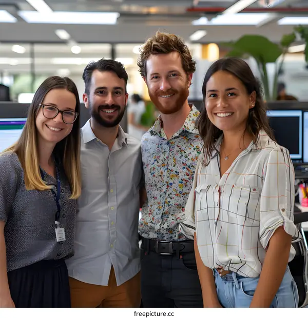 Smiling Diverse Team of Four Colleagues in an Office