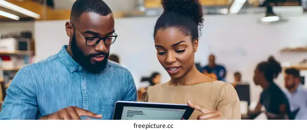 Two African American Business People Discuss Project on Tablet