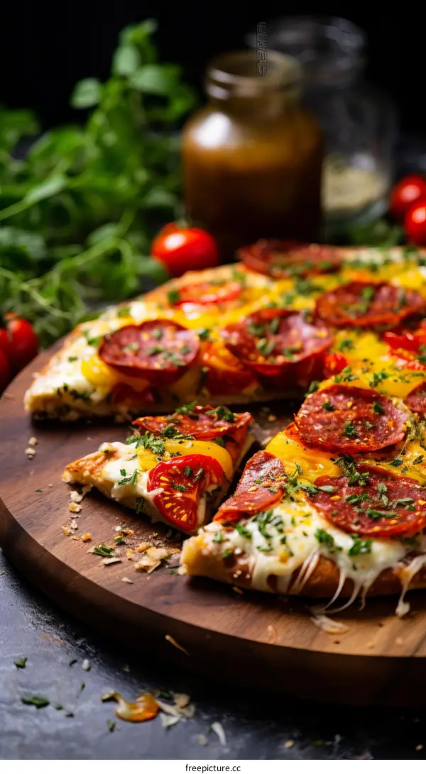 Homemade pizza with fresh tomatoes, mozzarella, and pepperoni