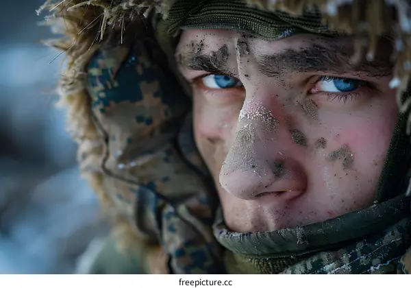 Close Up Portrait of a Soldier in Winter