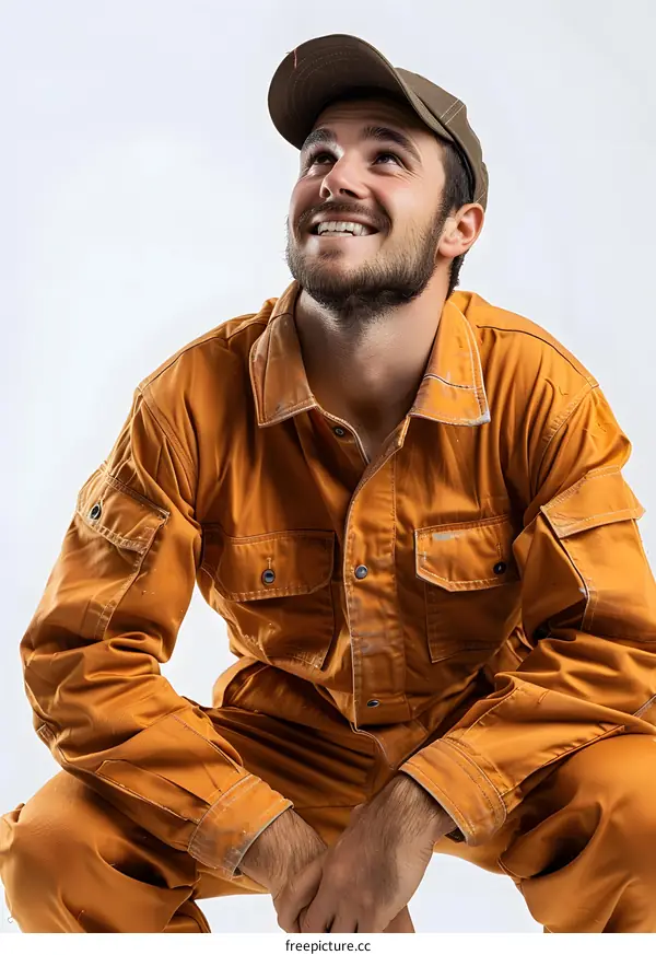 Caucasian man in work clothes smiling and looking up