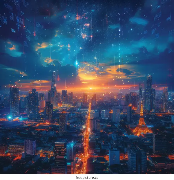 Cityscape of a modern city with skyscrapers and lights