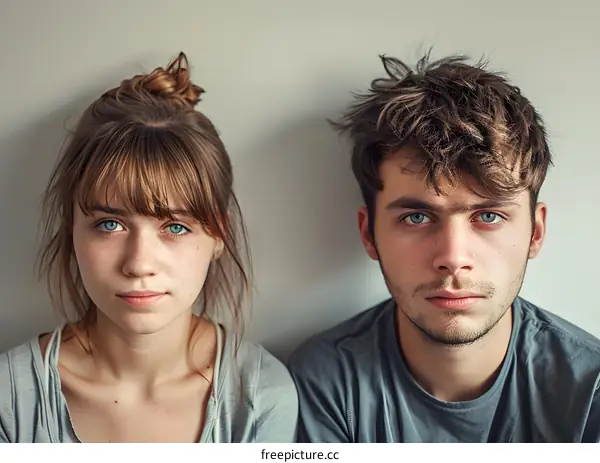 Couple Portrait with Blue Eyes Looking at Camera