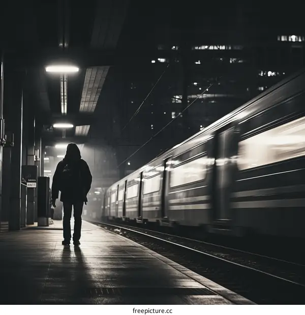 Silhouette of a Man Waiting on a Train Platform