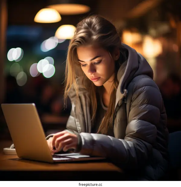 Young woman working on laptop in a cafe
