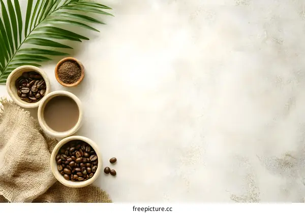 Coffee Beans and Ground Coffee in Bowls on a Light Beige Background