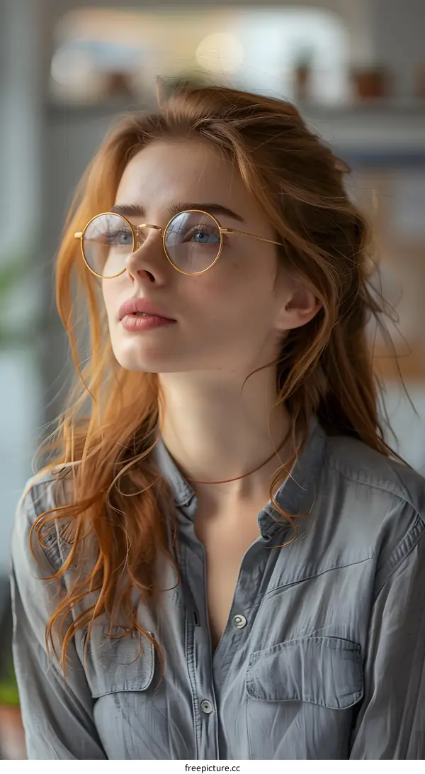 portrait of a beautiful redheaded woman wearing glasses looking away