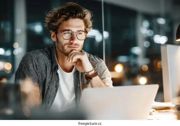 Focused Caucasian Male Working Late at Night
