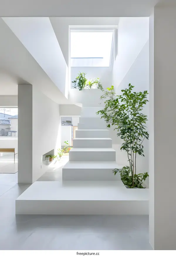 Modern White Staircase with Skylight and Plants